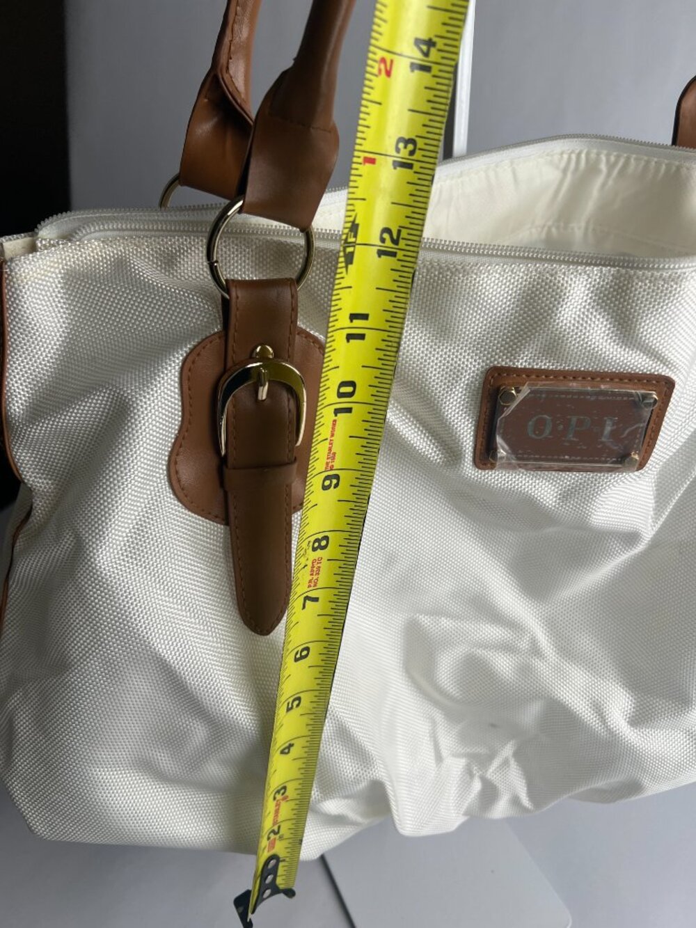 OPI Large Tote Bag Ivory Canvas Tan Faux Leather Shoulder Travel Weekender Purse - Picture 6 of 7